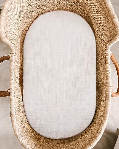 Image of Bassinet Sheet for Baby Boy and Girl, Fitted Sheets for Rectangle, Oval, Hourglass Bassinet Mattress, Muslin Moses Basket Sheets with Neutral Style (White)