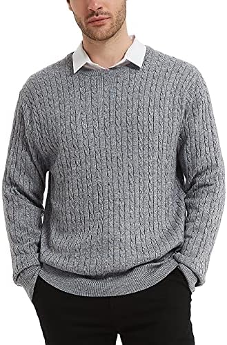 Kallspin Men's Cable Knit Crewneck Sweater Pullovers Wool Blended Relax Fit Knitwear (Light Grey, Large)