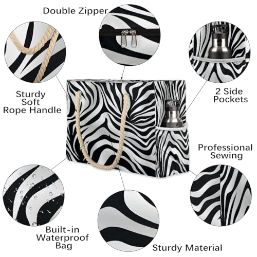 Large Beach Tote Bags for Women Zebra Animal Skin Waterproof Sandproof Shoulder Bags Swim Pool Purse with Zipper Beach Vacation Essentials for Summer Swim Pool Travel Gifts3
