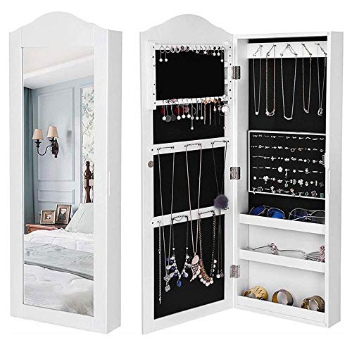 BAKAJI Specchiera Portagioie da Parete Muro Armadietto Portagioielli con Anta Porta Oggetti e Specchio Interno Armadio Organizer Porta Gioielli Colore Bianco (96 x 35 x 9,5 cm)