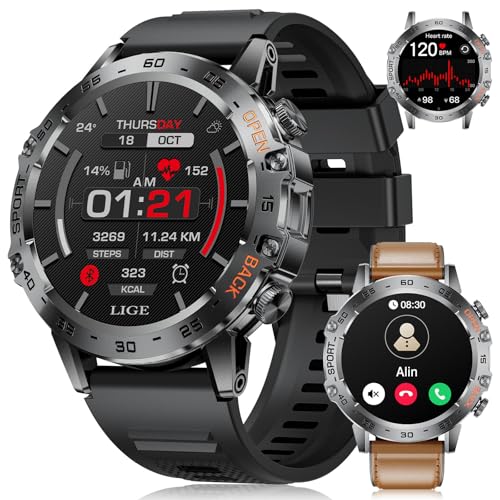 LIGE Smartwatch Herren,1.45″ AMOLED Smartwatch mit Telefonfunktion,IP68 Wasserdicht Fitnessuhr mit 24/7 Herzfrequenz,Schrittzähler,Schlafmonitor,100+ Sportmodi Sportuhr,für iOS/Android Silicone+Leder LIGE Smartwatch Herren,1.45″ AMOLED Smartwatch mit Telefonfunktion,IP68 Wasserdicht Fitnessuhr mit 24/7 Herzfrequenz,Schrittzähler,Schlafmonitor,100+ Sportmodi Sportuhr,für iOS/Android Silicone+Leder