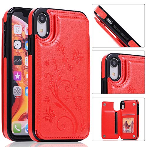 QFUN Back Wallet Case for iphone XR with Stand, Elegant Embossed Design [Butterfly Flower] Lightweight Slim Fit Leather Phone Case with Card Holder Protective Bumper Flip Cover - Red