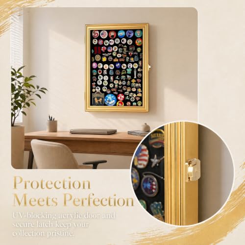 Image of Large 19 X14 Pin Display Case Medal Shadow Box with 98% UV Protection for Military Medals, Beach Tags, Jewelry Pins, Pin Gift, Insignia Ribbons, Pin Collectibles (GoldFrame 16 inchX12 inch)