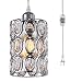 HMVPL Plug in Crystal Pendant Light with ON/Off Dimmer Switch and 16.4 ft Clear Hanging Cord, Modern Chrome Cylinder Chandelier Swag Lamp for Kitchen Island Dining Table Bedroom Girls Cabinet Closet
