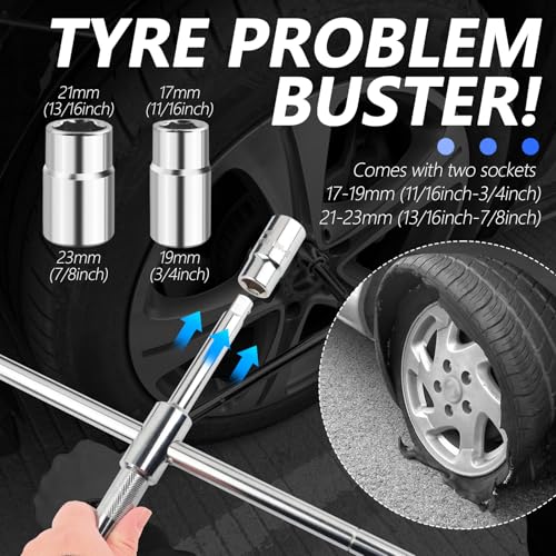 Image of Extended Lug Nut Removal Tool Kit with 4 Way Lug Wrench,23 inch Telescopic Tire Iron Lug Wrench with 2 Standard Sockets(17,19,21,23mm) and Case,Portable Lug Nut Wrench for Most Vehicles