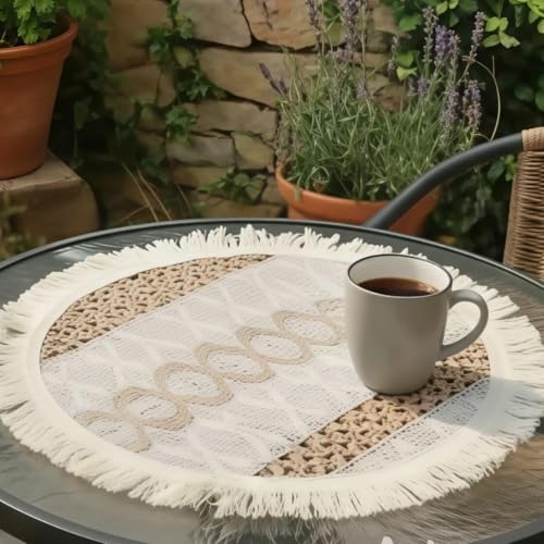 Image of HomeCloud Croshia Woven Table placemat - Heat Resistant, Washable Table Decoration for Dining, Office, Kitchen, Hotel, and Home (Round White Baige, Set of 1)