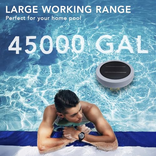 Solar Pool Ionizer - Enhanced with Latest Solar, 90% Less Chlorine, for Pools up to 45,000 Gal, Technology & Longer-Lasting Anode, Reduces Chlorine- Mineral-Based Pool Cleaning Device （Gray）