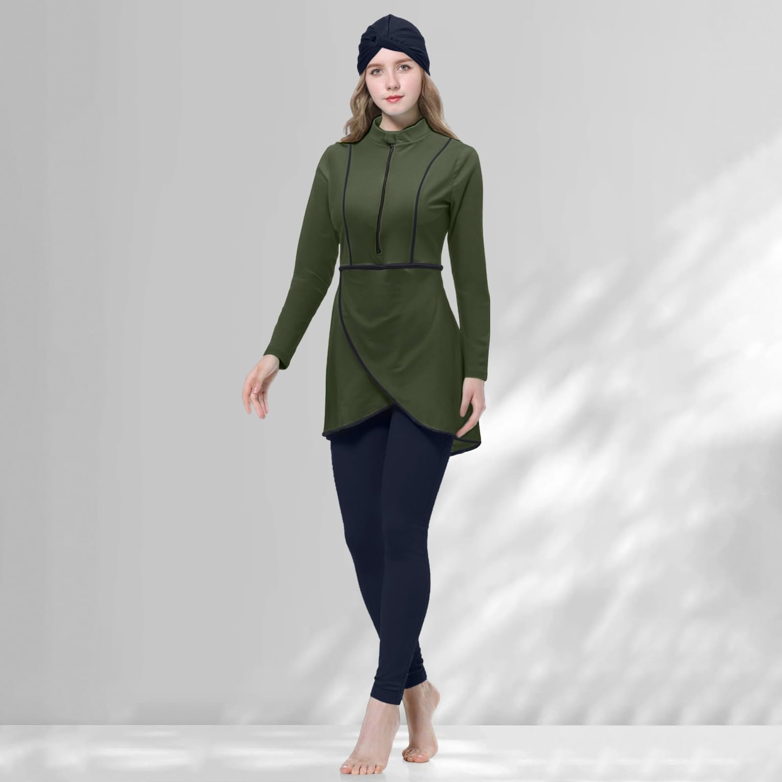 Burkini, costume da bagno musulmano da donna, 3 pezzi, con copertura modesta e completa sul davanti, sportivo, costume da bagno intero opaco, costume da bagno