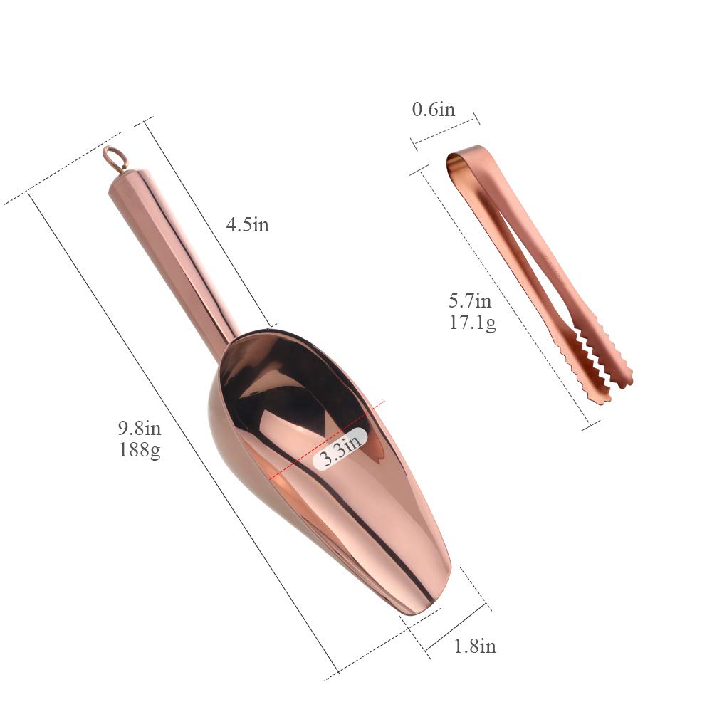 Juego de 3 pinzas y cuchara de hielo de acero inoxidable, pinzas para servir con dientes para cubos grandes, barra inferior redonda, congelador, cubo, juego de 3 (cobre oro rosa) 2