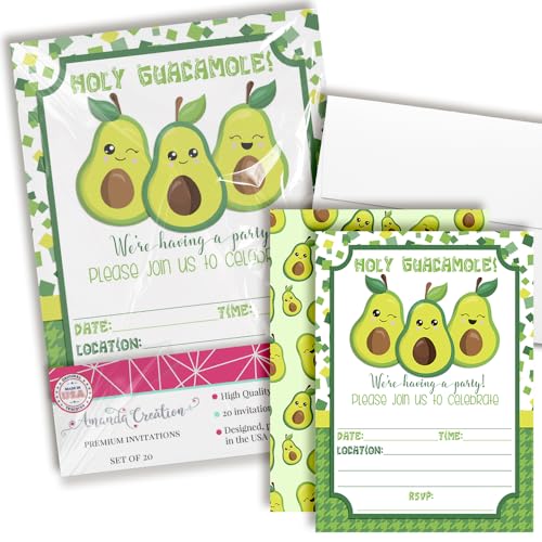 Trio of Avocados Holy Guacamole Fiesta Themed Birthday Party Invitations, 20 5x7 Fill In Cards with Twenty White Envelopes by AmandaCreation