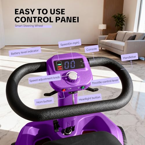 Foldable Mobility Scooter for Adults & Senior, 4 Wheels Powered Device for Travel, Lightweight and Portable, with LED Strip Light, Storage Bag, Charger Included, No Assemble Required (Purple)