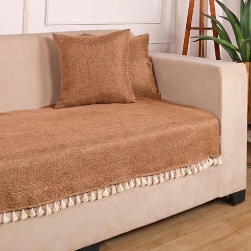 Image of STITCHNEST Jute Sofa Cover - Brown, 70x30 Inch | Soft Textured Fabric with Tassel| Sofa for Living Room Decor