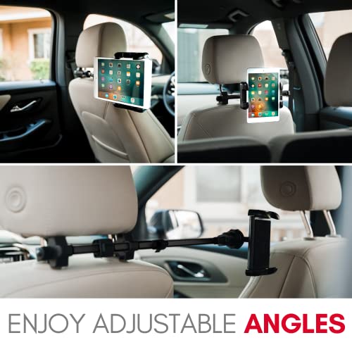 Macally Tablet Holder for Car Headrest - Adjustable iPad Headrest Mount for Car - Super Secure Car iPad Holder Backseat Kids - Fits All 4.7-12.9" Back Seat Devices (iPad Pro/Air/Mini, Nintendo Switch)
