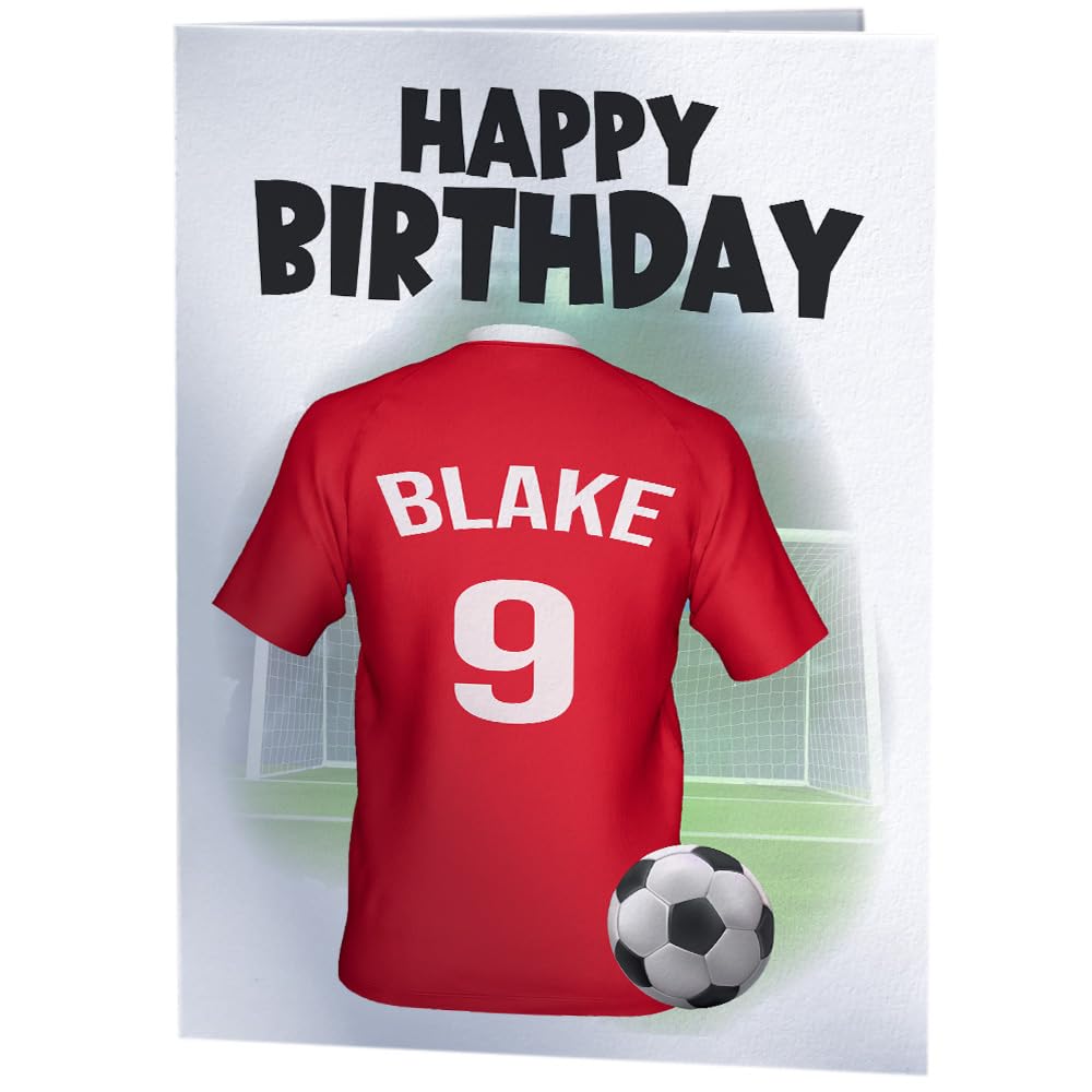 PERSONALISED Red Shirt Football Birthday Card - Any Name & Age/Number
