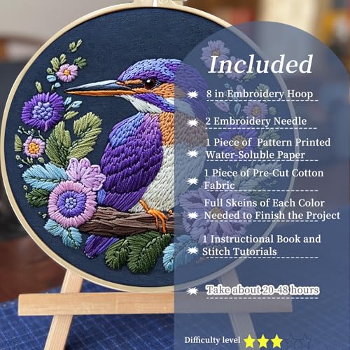 Image of FONNUY Embroidery Kit for Beginners, Birds with Flowers Pre-Stamped Pattern Kits for Adults with Hoop, Easy to Follow Color Thread Needlework, 8'' Hoop (Purple 2)