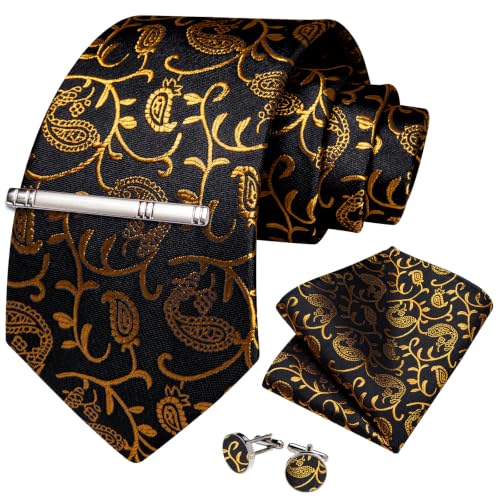 Image of DiBanGu Silk Floral Ties for Men Woven Paisley Necktie and Tie Clip Handkerchief Cufflinks Set for Party Wedding