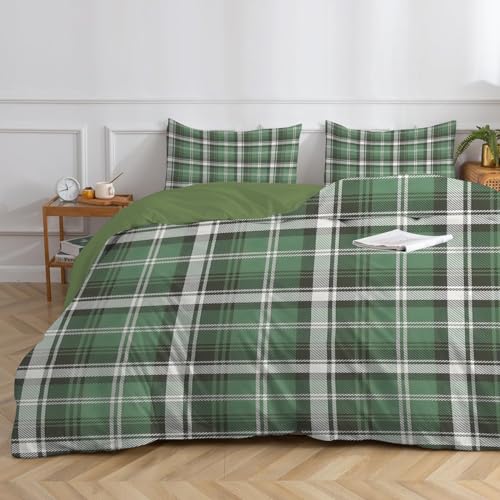 dyausi Parure de lit 220x240 Adulte Vert Blanc Housse de Couette 2 Personnes à Carreaux en Microfibre Douce Housse Couette Imprimé et 2 Taies d'oreiller 65x65 cm