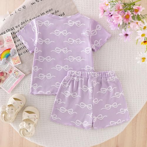 Toddler Girl Clothes Baby Summer Outfits Cute Bow Ruffled Sleeve Shirt Ribbed Knit Tops Shorts Set for Girl Clothing3
