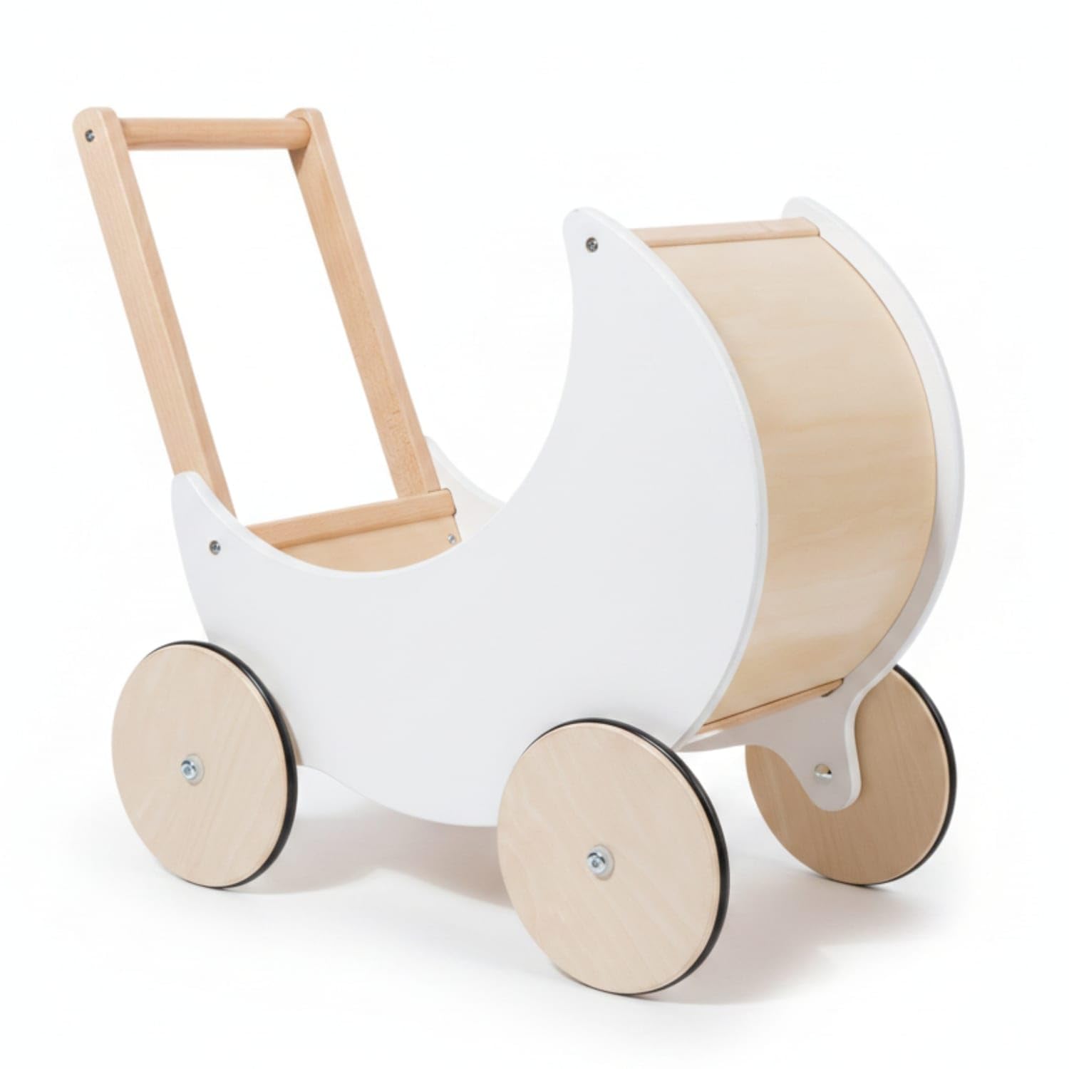 White and Wood Moon-Shaped Push Toy Open Compartment Wooden Push Pusher Toy Smooth Rounded Wooden Play Stroller Four-Wheel for Toddlers, Children, Walking Practice, Playtime, Moon Handcart|-image-39