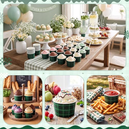 Image of Zopeal 50 Count Green and Black Checkered Ice Cream Cups 9 oz Race Car | Disposable Dessert Bowls, Paper Ice Cream Bowls, Birthday Party Supplies, Snack Cups Sundae Picnic Yogurt Bowls for Food