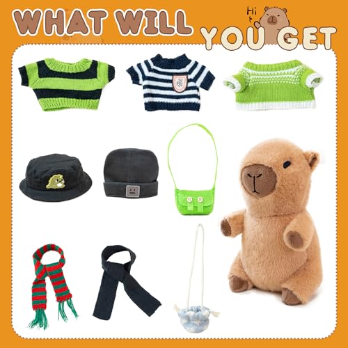 Image of Capybara Plush for Boys Girls Birthday Dress Up Cute Plushies,10 Pcs Set,9 Clothes and Accessories Kawaii Stuffed Animal Plushie Toy, Soft Peluche Doll for Kids 10.2 in