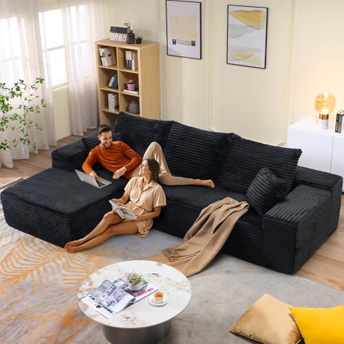 Image of 107 inch W Modular Sectional Sofa, Upholstered Corduroy Cloud Couch with Deep Seat, Modern 3-Seater L-Shaped Sofa for Living Room, No Assembly Required (Black, Left-Facing Chaise)