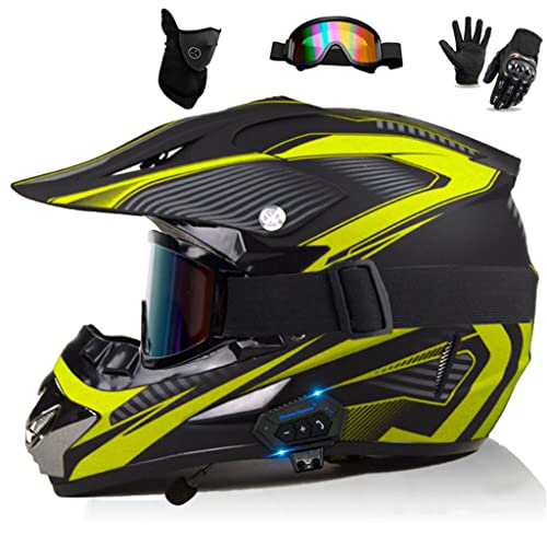 Dirt Bike Off-Road Motocross ATV Motorcycle Full Face Bluetooth Helmet for Men Women, DOT Approved Four Wheeler ATV Dirtbike BMX MX Off-Road Motorbike Helmet with Gloves Goggles Mask-D||Medium