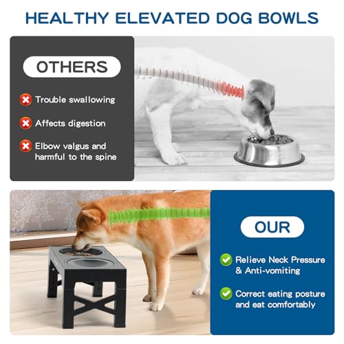 2-in-1 Elevated Slow Feeder Dog Bowls for Food and Water, 5 Heights Adjustable Raised Dog Bowls, Non-Slip, No Spill, for Small Medium Large Dogs and Cats(Grey) - Image 3