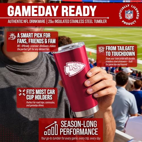 Image of Kansas City Chiefs NFL 20oz Stainless Steel Insulated Tumbler, Slider Lid | Officially licensed Chiefs drinkware; double-wall vacuum construction; cupholder compatible; BPA-free; hand wash only