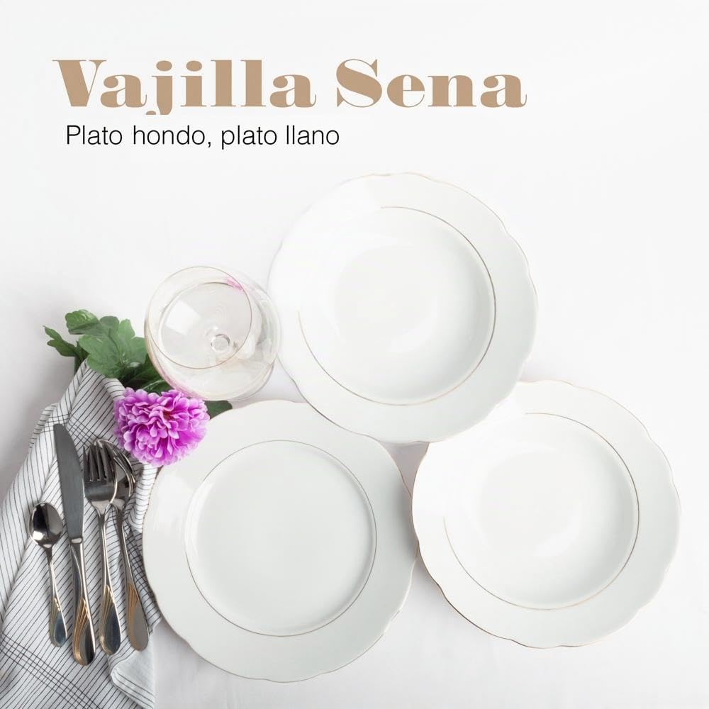 FRANQUIHOGAR - Juego de Vajilla 18 Piezas para 6 Personas - Porcelana Blanca con Filo de Oro, Elegante y Clásico, Incluye Platos Llanos, Hondos, Blanco Con Filo de Oro, Porcelana