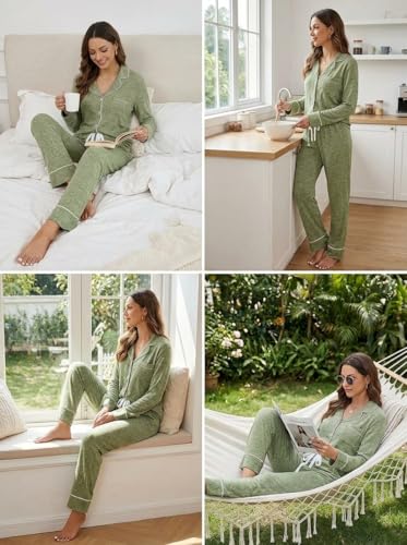 Image of Pjmlifecoco Pajamas Set Long Sleeve Womens Button Down Sleepwear Two Piece Nightwear Soft Pj Lounge Sets S-XXL