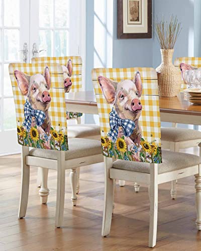 Gredice 4 Pcs Dining Chair Slipcovers Watercolor Farm Animals Pig Floral,Removable Chair Back Covers Buffalo Wood Grain Chair Protector For Home Kitchen Dining Room Holiday Party Decor #TOP1