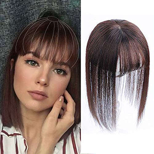 AISI BEAUTY 8'' Bob Style Human Hair Crown Topper with Bangs Clip in Top Hairpieces Closure for Women with Thinning Hair Gray Hair/Hair Loss (Base 3''X4'', Dark Brown)