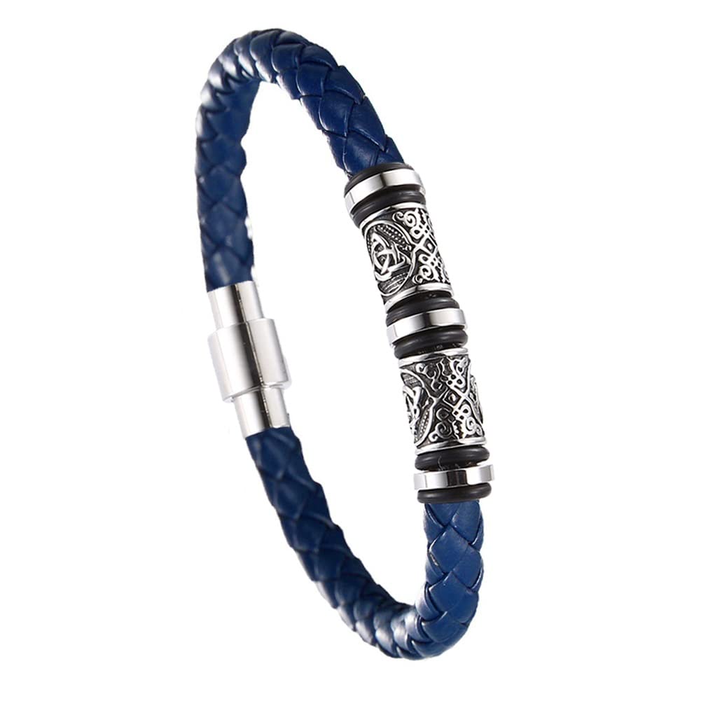 DFWY Mens Viking Beads Leather Bracelet - Nordic Stainless Steel Celtic Knot Beads Braided Rope Wristband - Handmade Vintage Pagan Bangle Irish Jewelry(Blue,19CM)