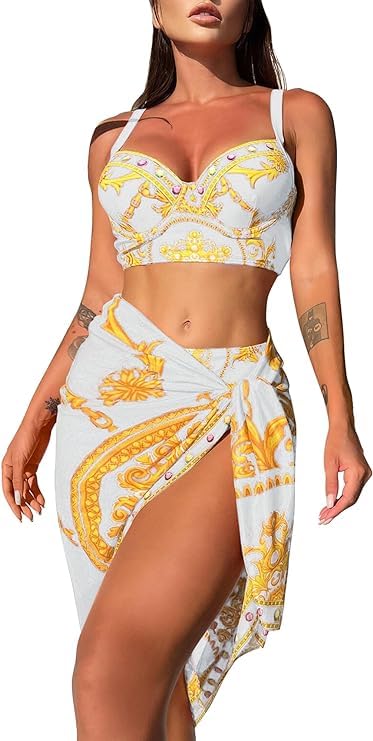 ASHER FASHION Bikini Sets for Women's 3 Piece Swimsuits Print with Cover Up Skirt Sexy Swimsuit Bathing Suits for Women