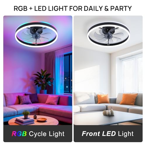 Image of 20 inch RGB Ceiling Fans with Lights and Remote /APP, Dimmable 3000-6500K LED Low Profile Ceiling Fan with Light, Modern Fandelier Flush Mount Ceiling Fan Light for Living Room, Bedroom and Kitchen