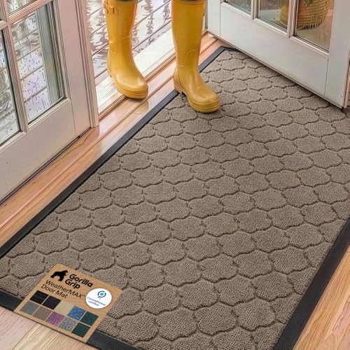 Image of GORILLA GRIP WeatherMAX Door Mat, Indoor Outdoor, 60x24, Beige Quatrefoil | 100% Waterproof Outdoor Doormat, US Designed, Stain and Fade Resistant, Low Profile Front Door Mat, Easy to Clean Welcome Mat