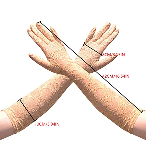 AWOCAN Women's Lace Elegant Long Gloves Courtesy Summer Gloves for Wedding Party and Tea Party 1920s Vintage Costumes (beige) - Image 3