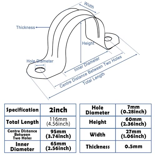 Image of 2Inch U Bracket Tube Clip Pipe Strap Clamp Stainless Steel Pipe Strap Clamp,Two Hole Strap,Stainless Steel Heavy Duty Pipe Fasten Holder(10Pcs)