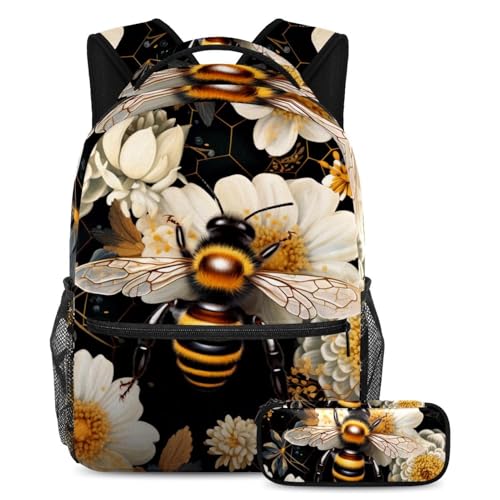 Sac à dos motif abeilles rétro pour le lycée et les cours - Ensemble de 3 pièces grand format