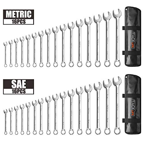 TACKLIFE 32PCS Combination Wrench Set Metric and Standard, 1/4-1 Inch, 7-22MM, Open End