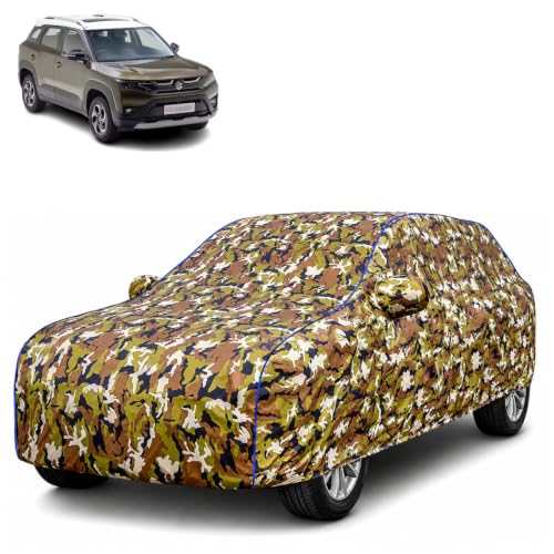 Image of Waterproof Car Body Cover for Maruti Suzuki Brezza with Mirror Pocket| Cotton Inner Lining | Triple Stitched | All Weather Protection | Dust, UV & Rain Proof (Camouflage with Blue Piping)