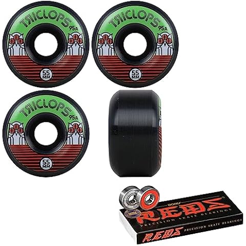 Triclops Skateboard Wheels Night Riders 55mm 95A with Bones Reds Bearings Cover