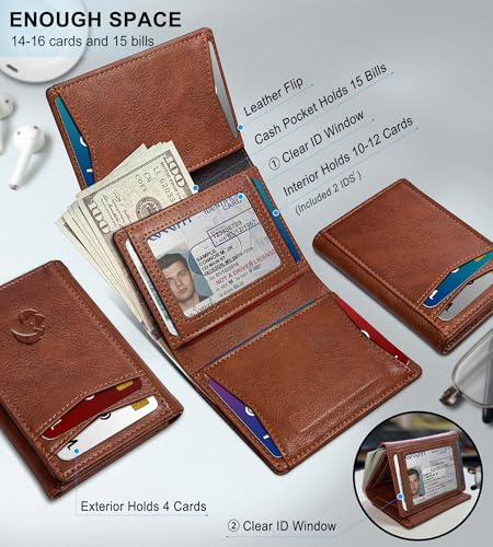 Trifold Leather Wallet for Men,with Cash Pocket 2 ID Window 14-16 Cards Magnetic Closure Slim Wallet 4.0"*3.1", RFID Blocking Front Pocket Wallet with Gift Box2