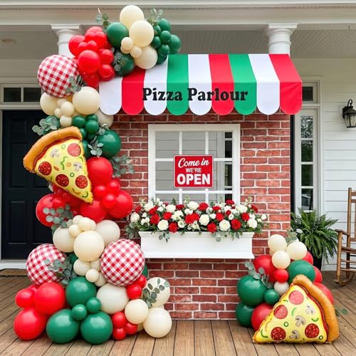 137PCS Pizza Party Decorations Kit - Red White Dark Green Balloon Garland Arch with Giant Pizza Foil Balloons & Red Checkered Gingham Artificial Leaves for Italian Pizzeria BBQ Birthday Baby Shower