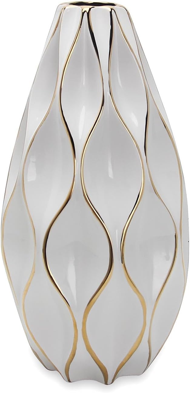 Vase Tabletop Elegant White Ceramic with Gold Accents -Timeless Home Decor
