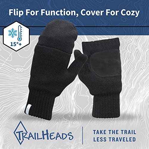 Trailheads Women’s Fingerless Gloves | Merino Knit Convertible Mittens - Black (Medium/Large) #TOP5