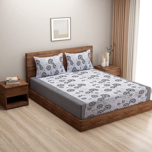 Image of Swayam Pure Cotton King Bedsheet with 2 Pillow Covers | Size 108 x 108 inch | 160 TC | Geometric Design | Soft Breathable Bed Sheet | Comfortable & Durable for Bedroom - White