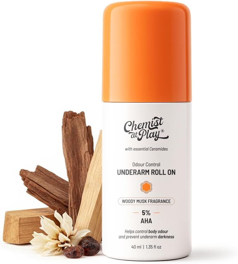 Chemist At Play UnderArm Roll On with 5% AHA, Lactic Acid & 1% Mandelic Acid|Prevents Body Odour, Fades Pigmentation & Kills Bacteria|0% Aluminium & 0% Alcohol |Woody Musk Fragrance| 40ml