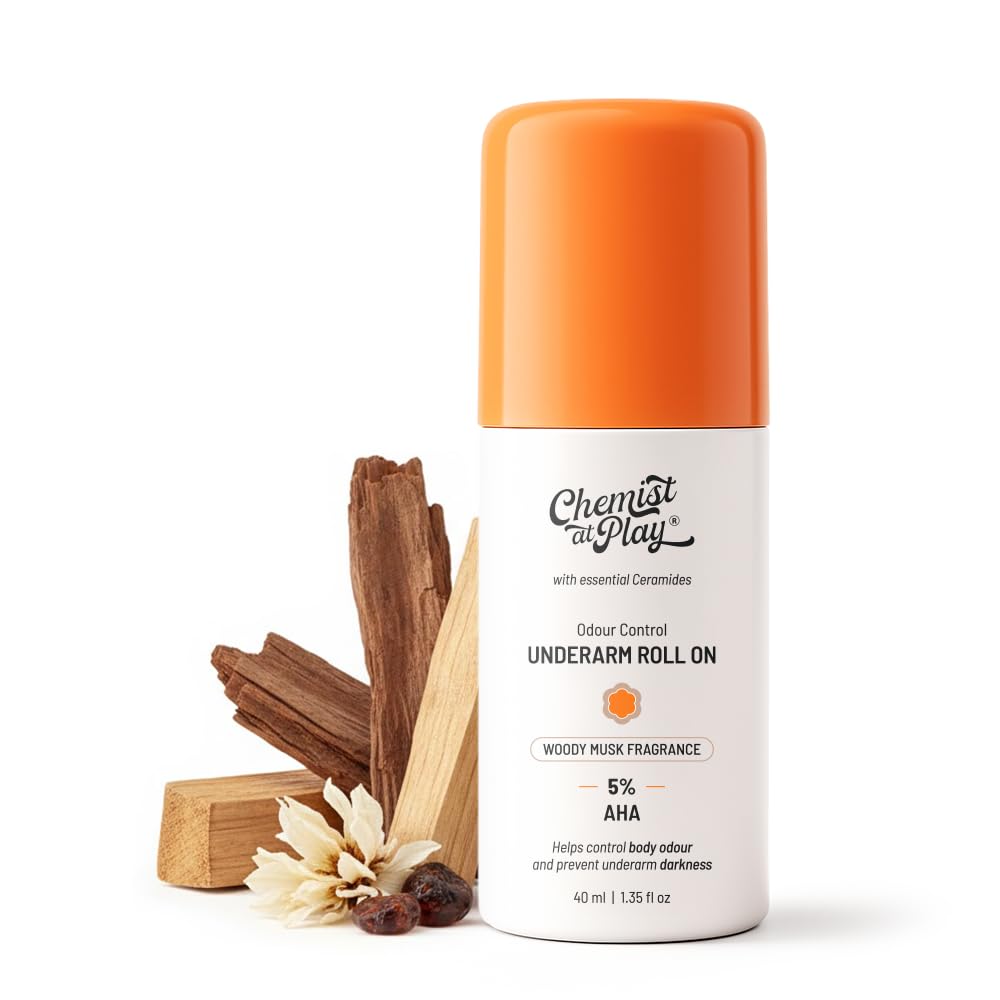 Chemist at Play UnderArm Roll-On with 5% AHA| Lactic & Mandelic Acid|Prevents Odour, Brightens Skin & Exfoliates Underarm| For Sensitive Skin|Woody Musk Fragrance| Alcohol & Aluminium Free| 40 ml